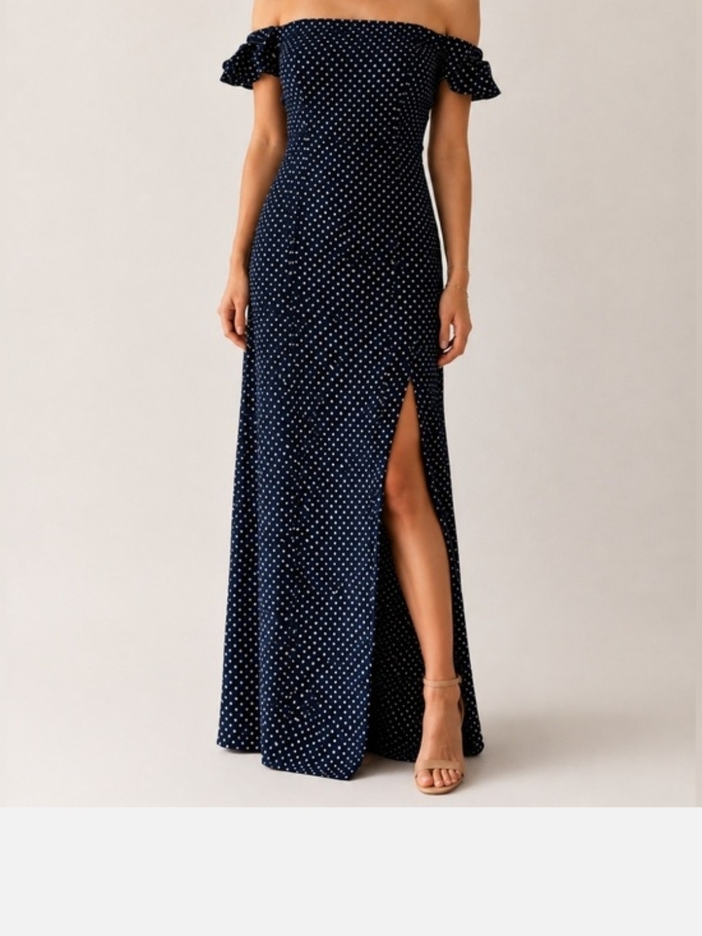 Lulu's Navy and White Polka Dot Off-Shoulder Maxi Dress with Side Slit